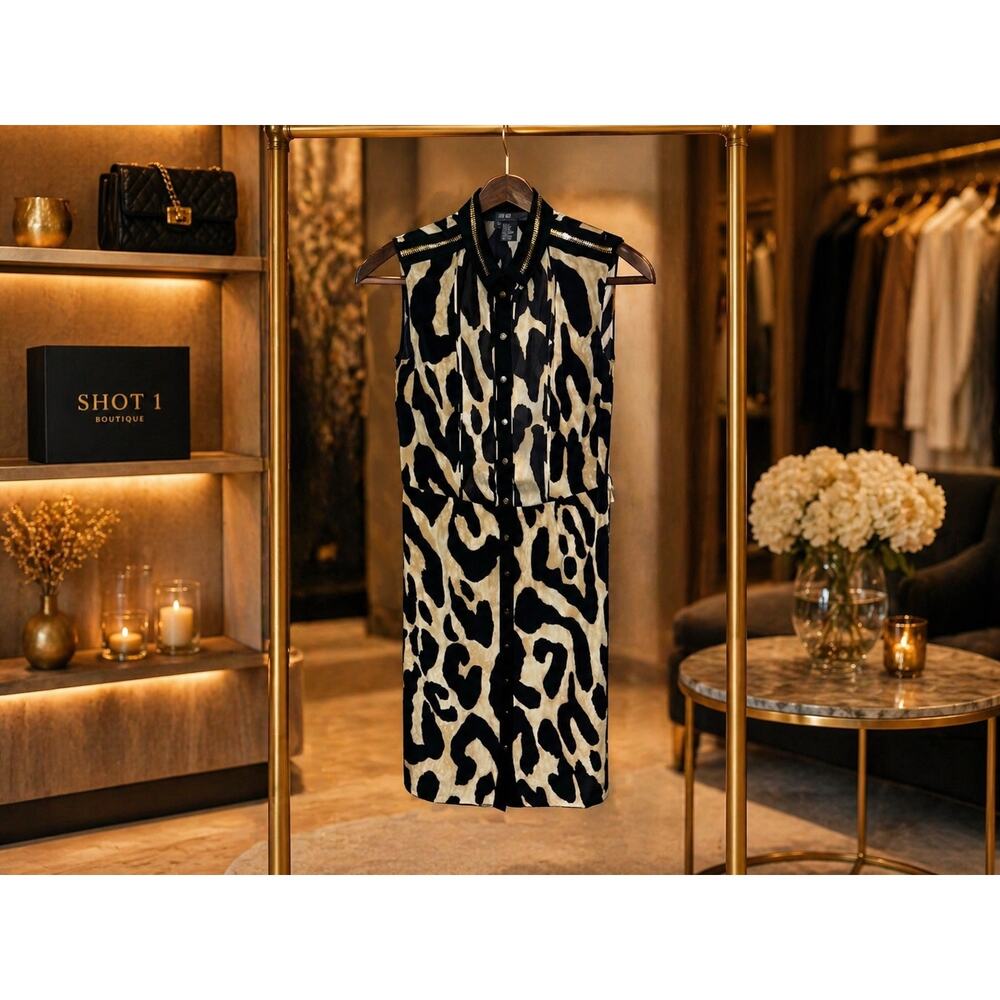 Per Se Silk Leopard Animal Print Shift Dress Sleeveless Neutral Designer Size 2